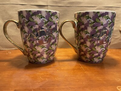2 Bridgerton Izzy & Liv Monogram B Bee Purple Floral Mug Gold Handle 11 oz