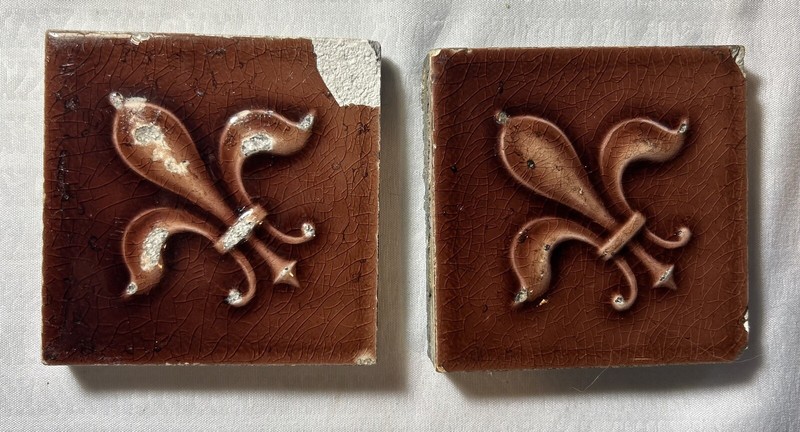 Lot Of 2 Old Bridge Fleur-De-Lis Majolica Tile 3x3, Signed