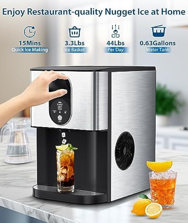 Nugget Ice Makers Countertop,44LBS/Day Soft&Chewable Pellet Ice, Self-Cleaning
