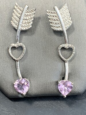 KARIS Collection Silver Cubic Amethyst Heart Arrow Unusual Top Ear Hook Earrings