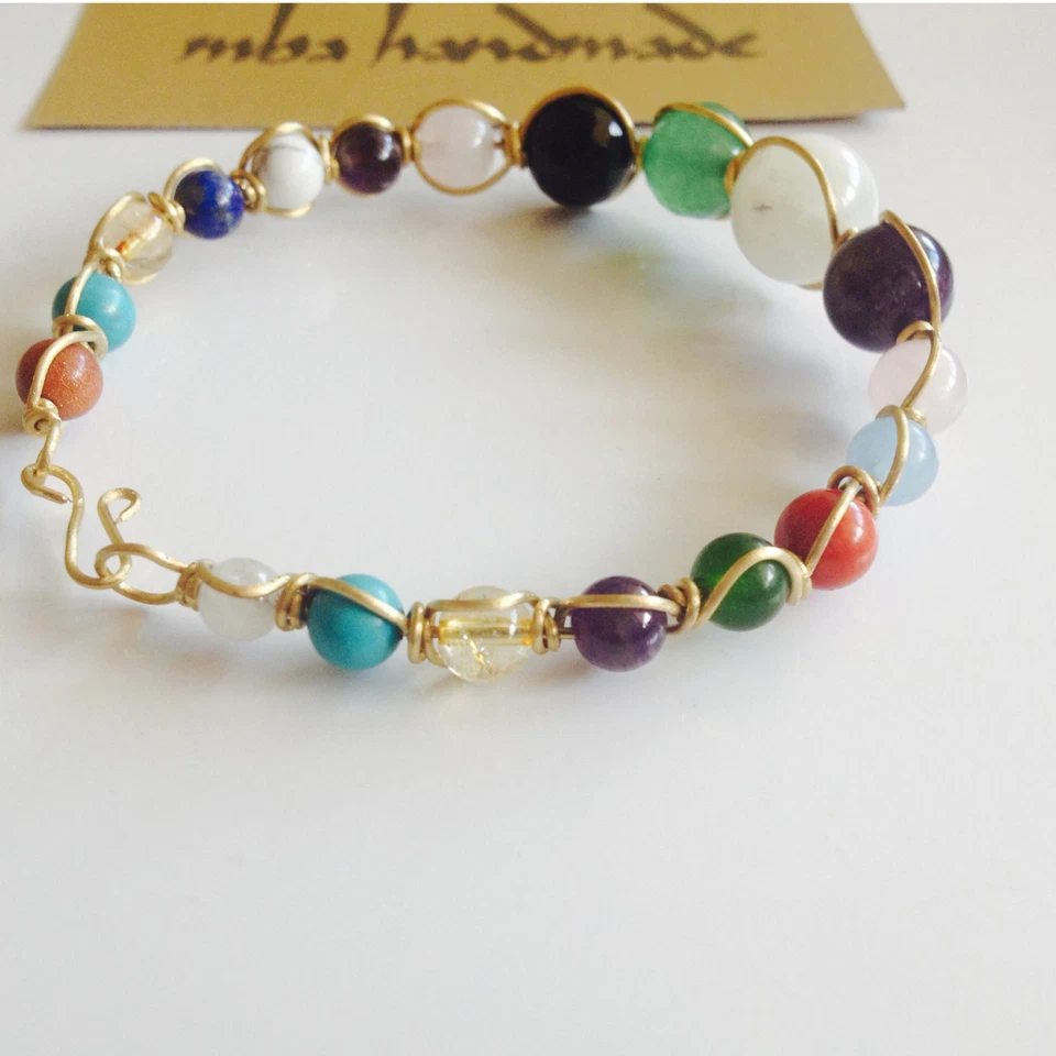 女士手工黄铜串珠手链 - 混合天然宝石 — 第 3/4 张图片