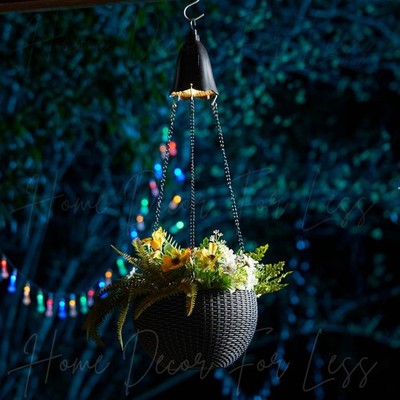 Black Solar Hanging Basket Planter LED Lighted Flower Pot Garden Patio Decor