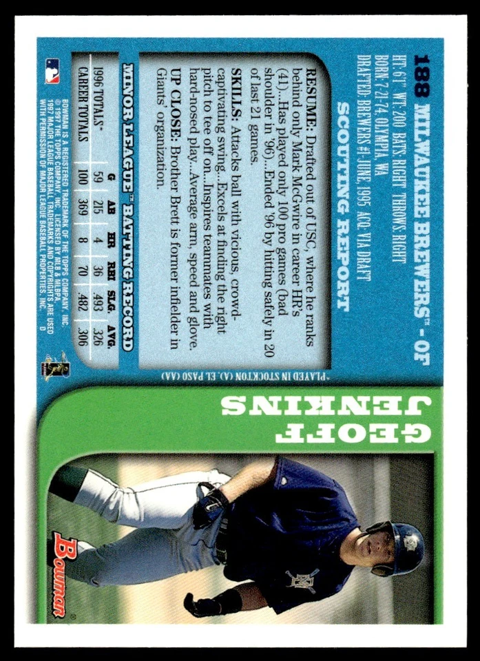 1997 Bowman Geoff Jenkins Milwaukee Brewers #188 - Image 2 of 2