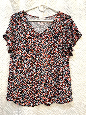 LOFT Outlet Navy & Red Floral Print Flutter Sleeve V Neck Blouse Women's Size M