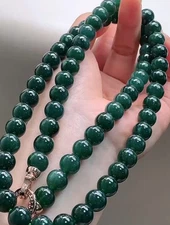 100% Natural Icy Green Jadeite Jade 9.6mm Bead Beads Necklace 0925