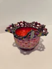 Vintage Fenton Carnival Glass Basket Weave Bowl With Open Lace Ruffled Edge Red