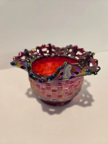 Vintage Fenton Carnival Glass Basket Weave Bowl With Open Lace Ruffled Edge Red