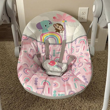 Bright Starts Portable Infant Baby Bouncer Seat w/ Safety Harness Pink Rainbow