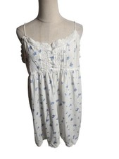 delicates Vintage White Cottagecore Slip Dress Nightie Blue Floral Lace Trim