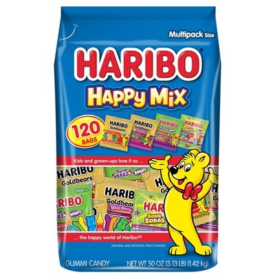 Haribo Gummi Candy Variety Pack, 120 Bags - Gold Bears Twin Snakes Sour Sodas