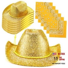 6 Sets Sparkly Adults Cowboy Hat and Bandanas Women Men Yellow Chunky Glitter