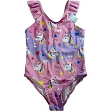 Girls Unicorn Swimsuit Ruffle Sleeves Hearts Summer Kids Swimming 8Y