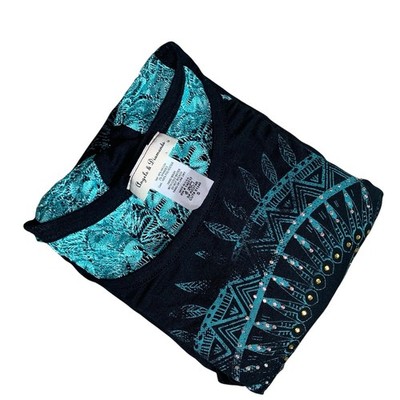 Angels & Diamonds Women s Shirt S Phoenix Bird Bling Lace Cutouts Black Teal EUC