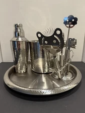 9 Piece Bar Set- Godinger- Hammered Stainless Steel (Used)