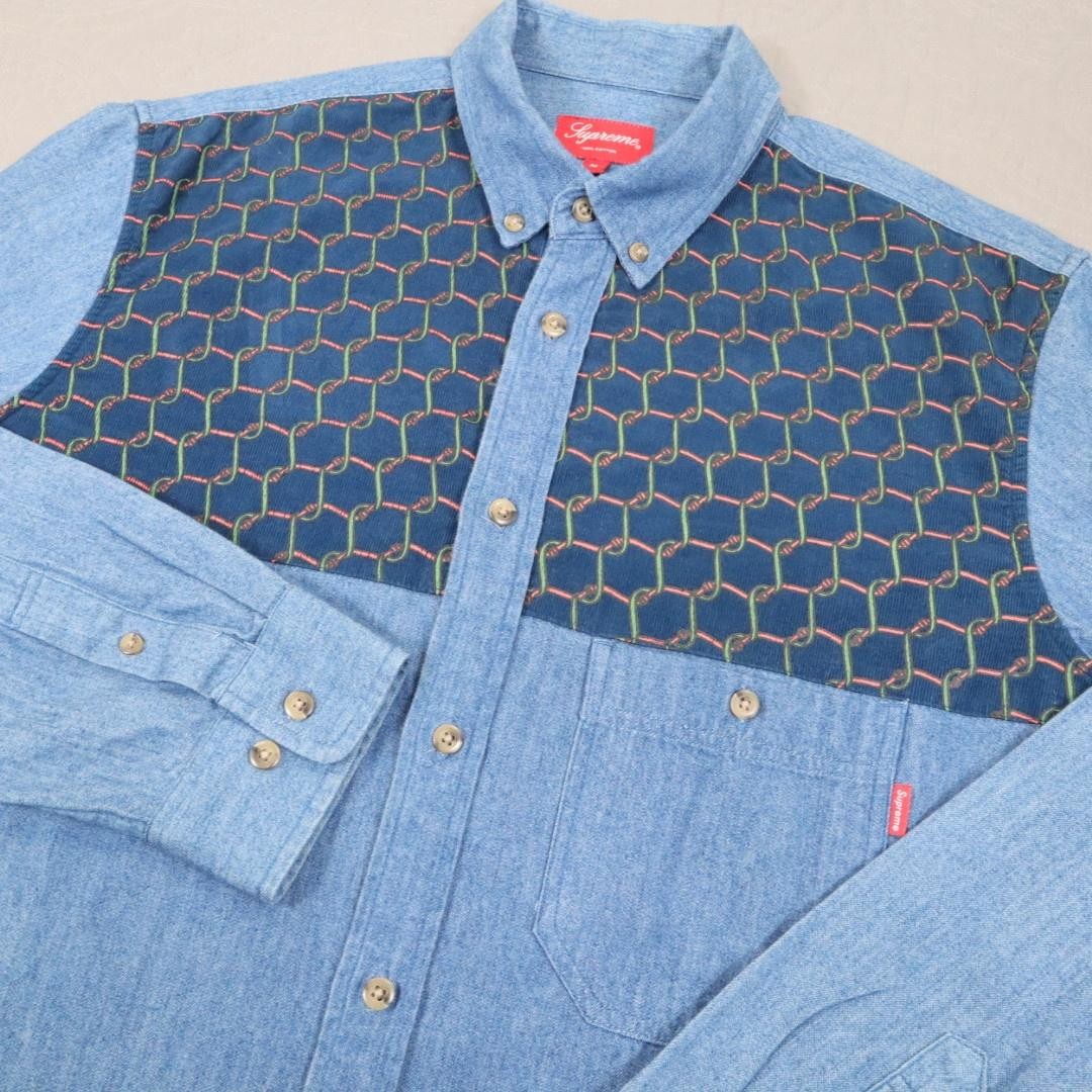 Supreme Chambray Corduroy Button Shirt Mens Medium Blue Geometric Long Sleeve