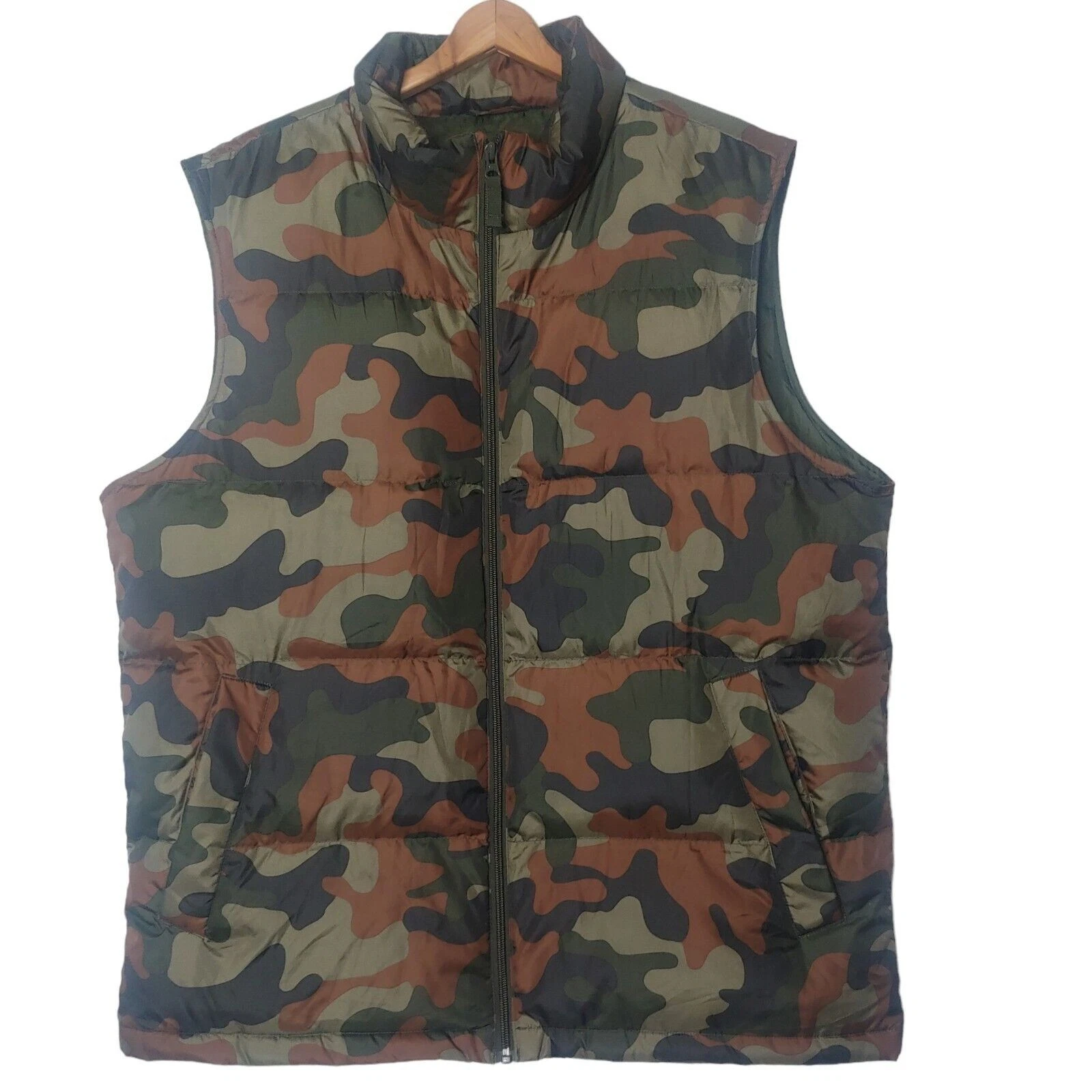 Lands End Puffer Vest Large Woodland Camo Down Feather Green Camouflage Hunt