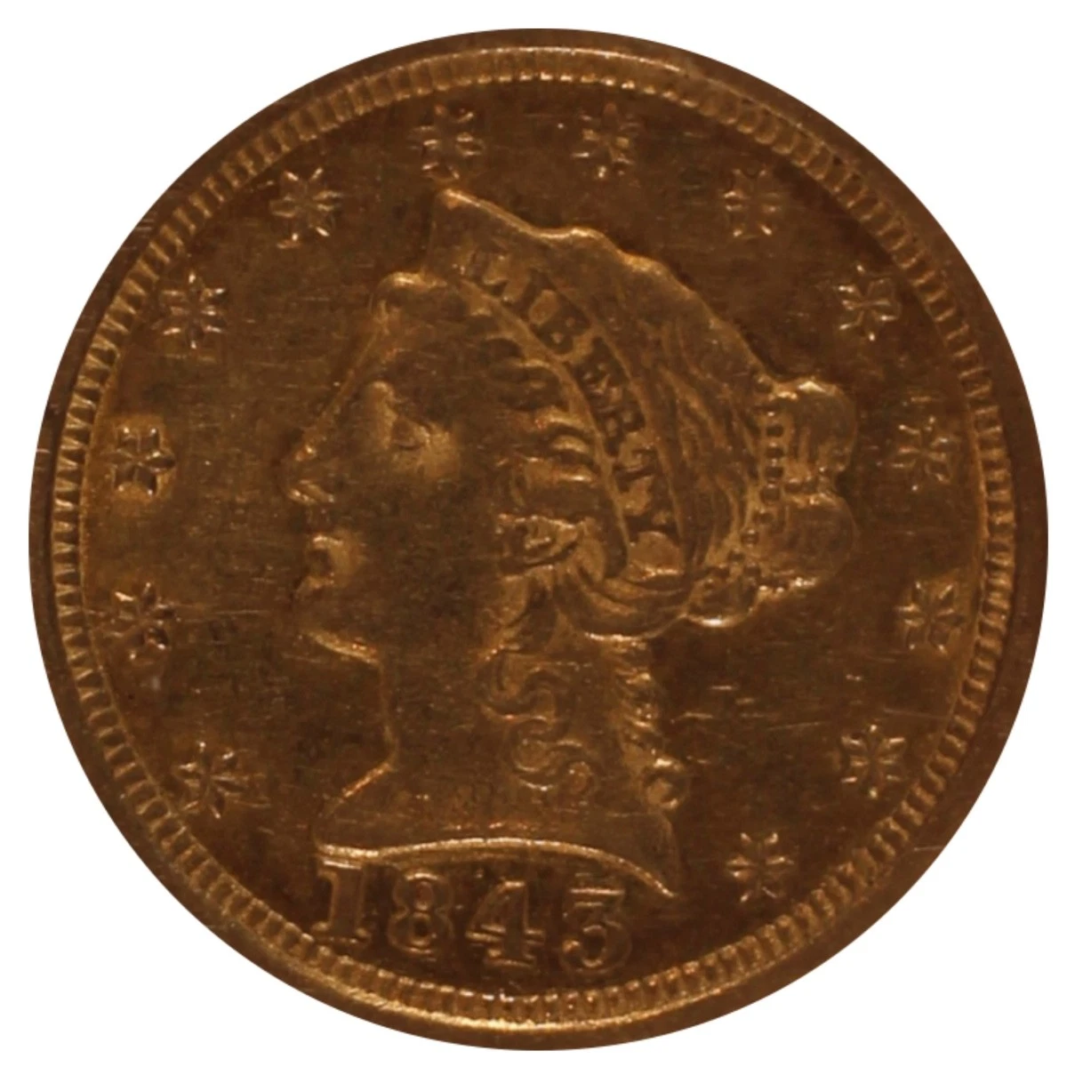 1843-O LARGE DATE Quarter Eagle $2.50 NGC AU55 (CAC)