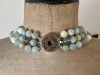 Aquamarine Baroque Pearl Triple Strand Necklace 11mm Beads Chinese Medallion — photo 10