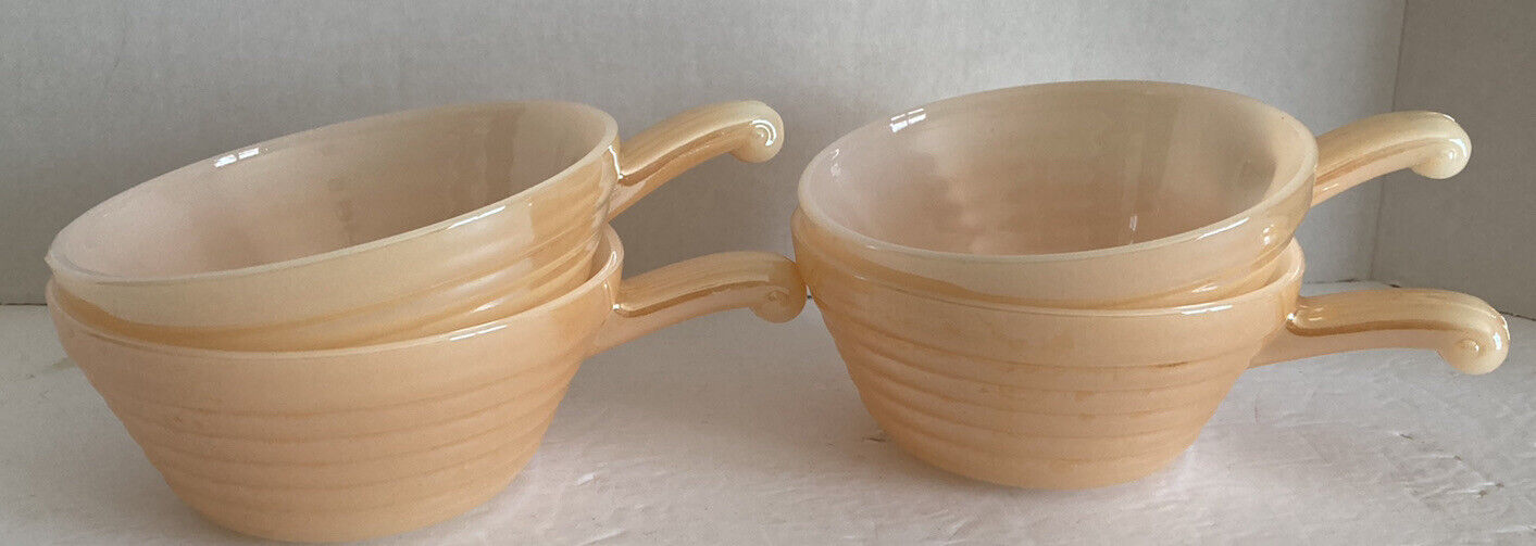 Vintage Fire King Peach Luster Set Of 4 Ovenware Beehive Soup Bowls With Handles