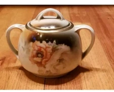 Vtg Germany Sugar/Candy Bowl Floral White with Brown Tones and Metalic Accents