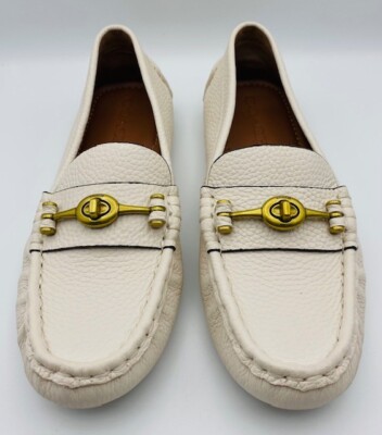 Coach Arlene Turnlock White Pebbled Leather Driving Loafers Sz