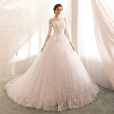 Womens Long Sleeve Lace Appliques Wedding Gown Elegant Wedding Dress Court Train