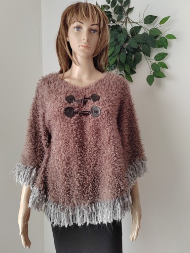 ❤️ Size M/L PURPLE brown fluffy warm knitted fringe overcoat poncho shrug cape