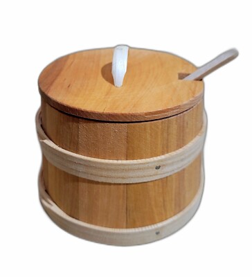 Zuckerdose Holzfass Eimer mit Deckel und Löffel Salz Gewürze Holz 12 cm C04