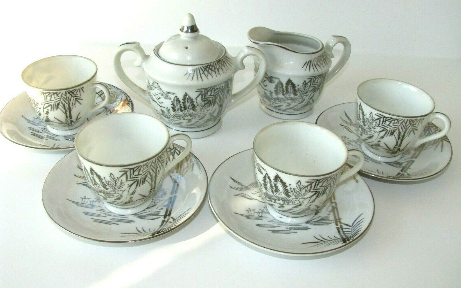 Meiyo China Nippon Silver trim tea set Lithophane Cups w picture of