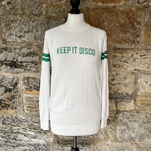 Zoe Karssen Keep It Disco Sweater XS 8 10 Embroidered Slogan Cotton Green White