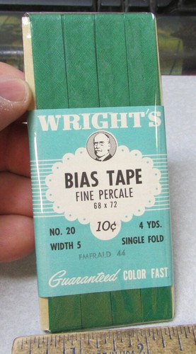 vintage 1950 Wrights Bias Tape, no 20, 4 yards, width 5, single fold, GREEN, NOS - 第 1/2 張圖片