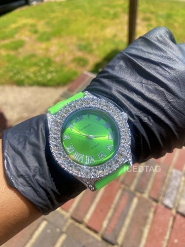 OROLOGIO UNISEX GHIACCIO BLING-ED OUT VERDE NEON CINTURINO IN SILICONE QUARZO PLACCATO ORO - Foto 9 di 9