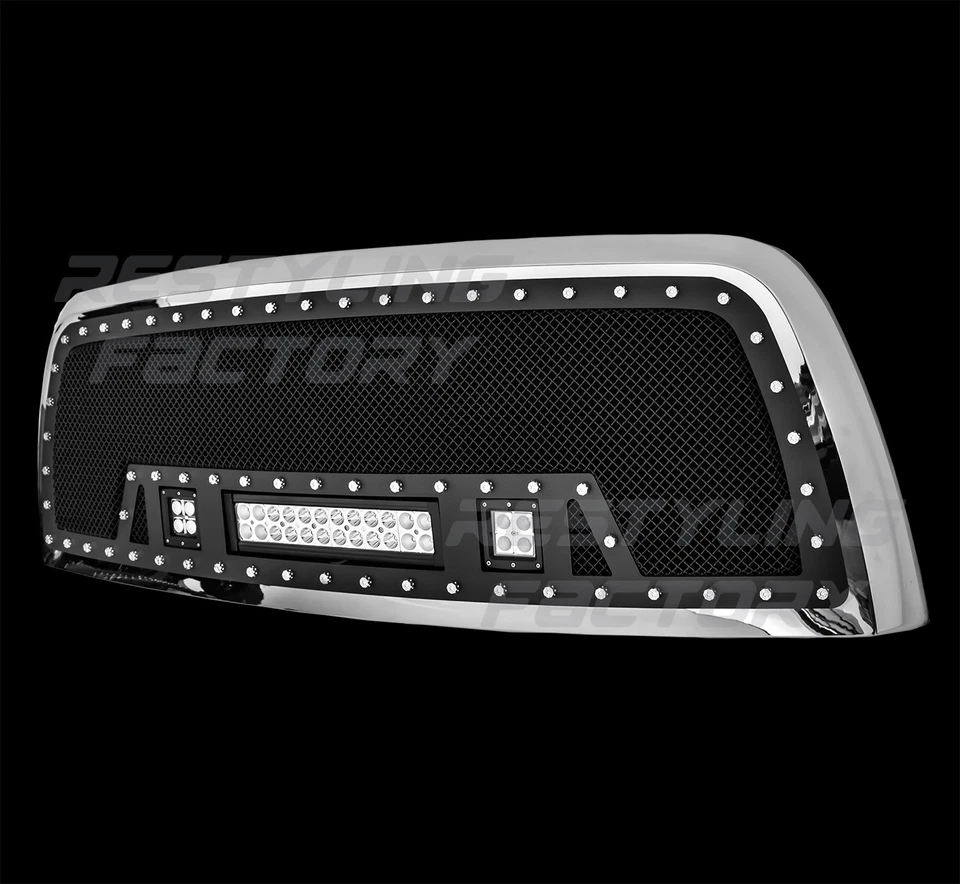 Rejilla de malla negra SS + carcasa cromada + 3 luces LED para Dodge RAM 2500 + 3500 10-18 Foto 3 de 3