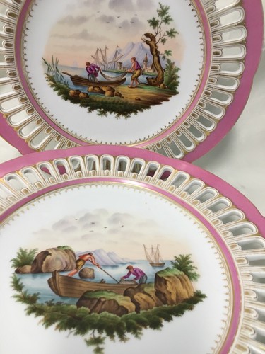 (6 Pcs) c1853-73 Fischer & Mieg Pink Scenic Reticulated TAZZA'S & CABINET PLATES - Picture 7 of 12