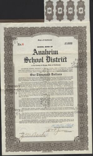 $1000 ANAHEIM SCHOOL DISTRICT BOND 1919
