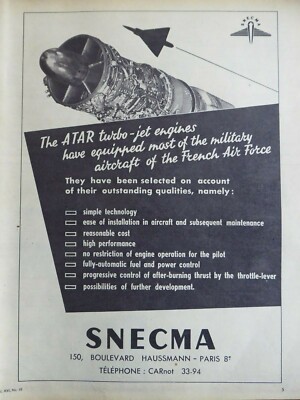 60er Jahre PUB SNECMA FLUGZEUG MOTOR ATAR TURBO JET MIRAGE BANNER ORIGINAL ANZEIGE