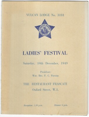 Freimaurer Vulkanloge 3181 Damen Festival Speisekarte Frascati Restaurant 1949