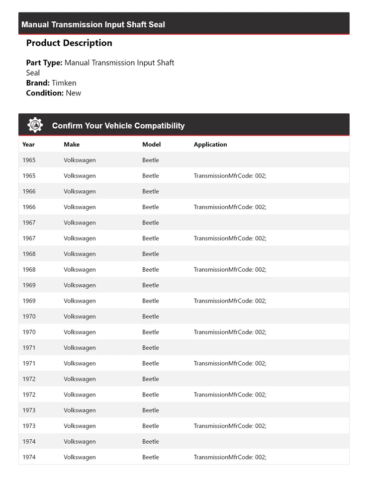 Vedação de eixo de entrada de transmissão manual Volkswagen Beetle 1965-1974 Timken 1966 - Imagem 2 de 4