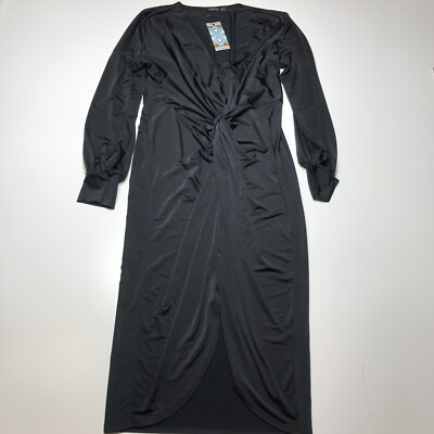 Boohoo Dress Womens Size 12 Black Twist Front Plunge Midi Sheath Stretch NWT