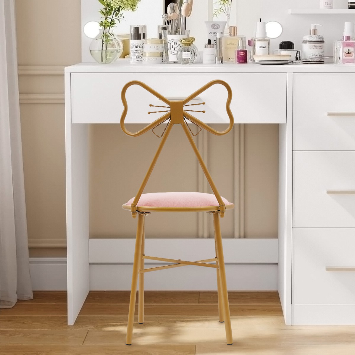 blush pink stool for dressing table SAFAVIEH Georgia Contemporary Glam Upholstered Vanity Stool, Blush Pink/Espresso