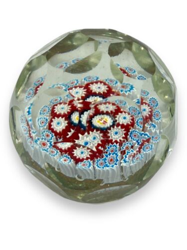 CONTEMPORARY ART GLASS CUT FACETED PAPERWEIGHT 2 1/2" WITH CANE DESIGN