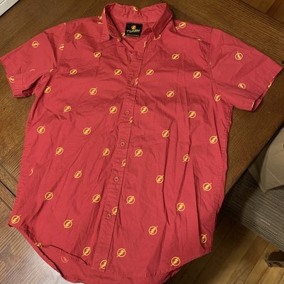 The Flash Button-Up Shirt M Red w/ Yellow Lightning Bolts Pattern Hot Topic