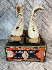 Vintage Chicago White Roller Skates Chicago Wooden Wheels Size 8 With Box