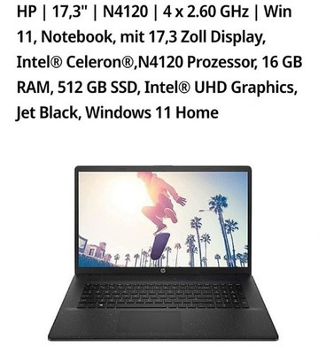 HP Notebook 17,3 Zoll Intel Celeron N4120 16GB RAM 512GB SSD Win 11 Schwarz