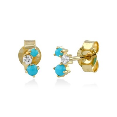 Massive 14K Gelbgold Türkis Diamant Drei Steine Ohrstecker Geburtstagsgeschenk