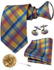 Zipper Ties for Men Pre-Tied Tie Set Silk Paisley Adjustable Yellow and Blue