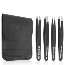 BROWBLOOM 4Piece Set of Professional Tweezers for Women Facial Hair, Black
