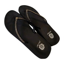 Yellow Box women's black cork thong platform slip-on rhinestone sandals, US 9