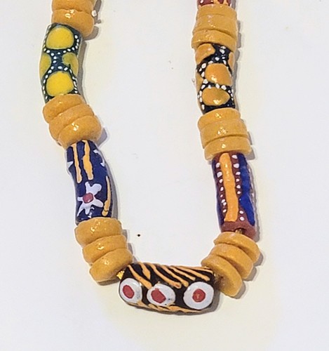 African Necklace Krobo Queen Trade Beads Powdered Hand Painted Millefiori 32" - Picture 1 of 9