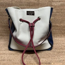 Kate Spade Red, off White & Blue Color Block Shoulder Bag Pebbled Leather